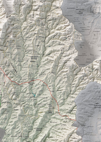 Mapa de relleu del Lluçanès, amb el territori en color i l’entorn en blanc. Detall de la part central. 50 × 70 cm. Estil Cartogràfic.