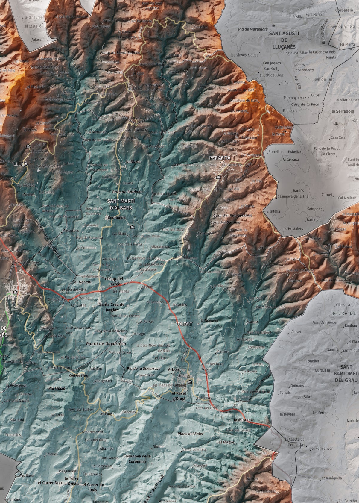 Mapa de relleu del Lluçanès, amb el territori en color i l’entorn en blanc. Detall de la part central. 50 × 70 cm. Estil Blau i taronja.