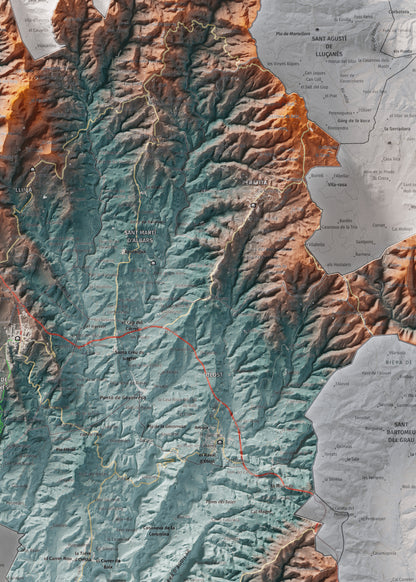 Mapa de relleu del Lluçanès, amb el territori en color i l’entorn en blanc. Detall de la part central. 50 × 70 cm. Estil Blau i taronja.