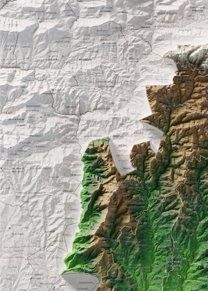 Mapa de relleu del Lluçanès, amb el territori en color i l’entorn en blanc. Detall de la part superior esquerra. 50 × 70 cm. Estil Clàssic.