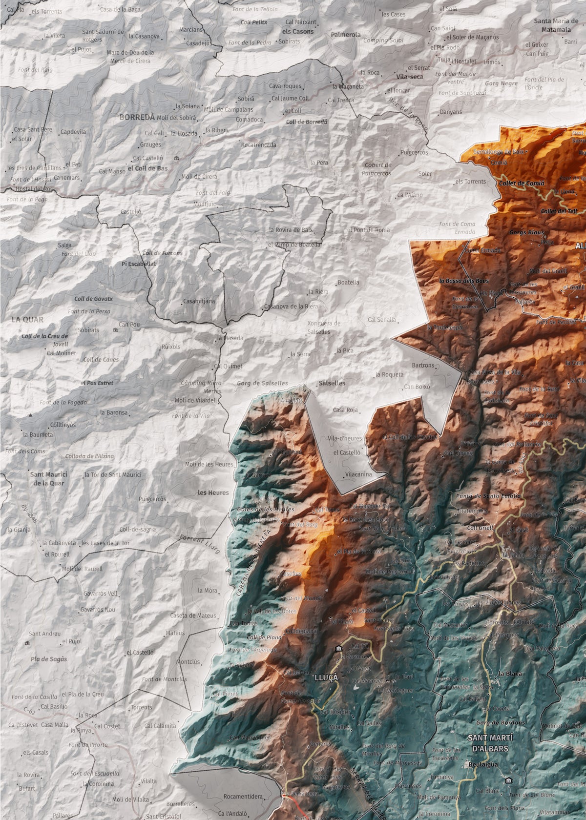 Mapa de relleu del Lluçanès, amb el territori en color i l’entorn en blanc. Detall de la part superior esquerra. 50 × 70 cm. Estil Blau i taronja.