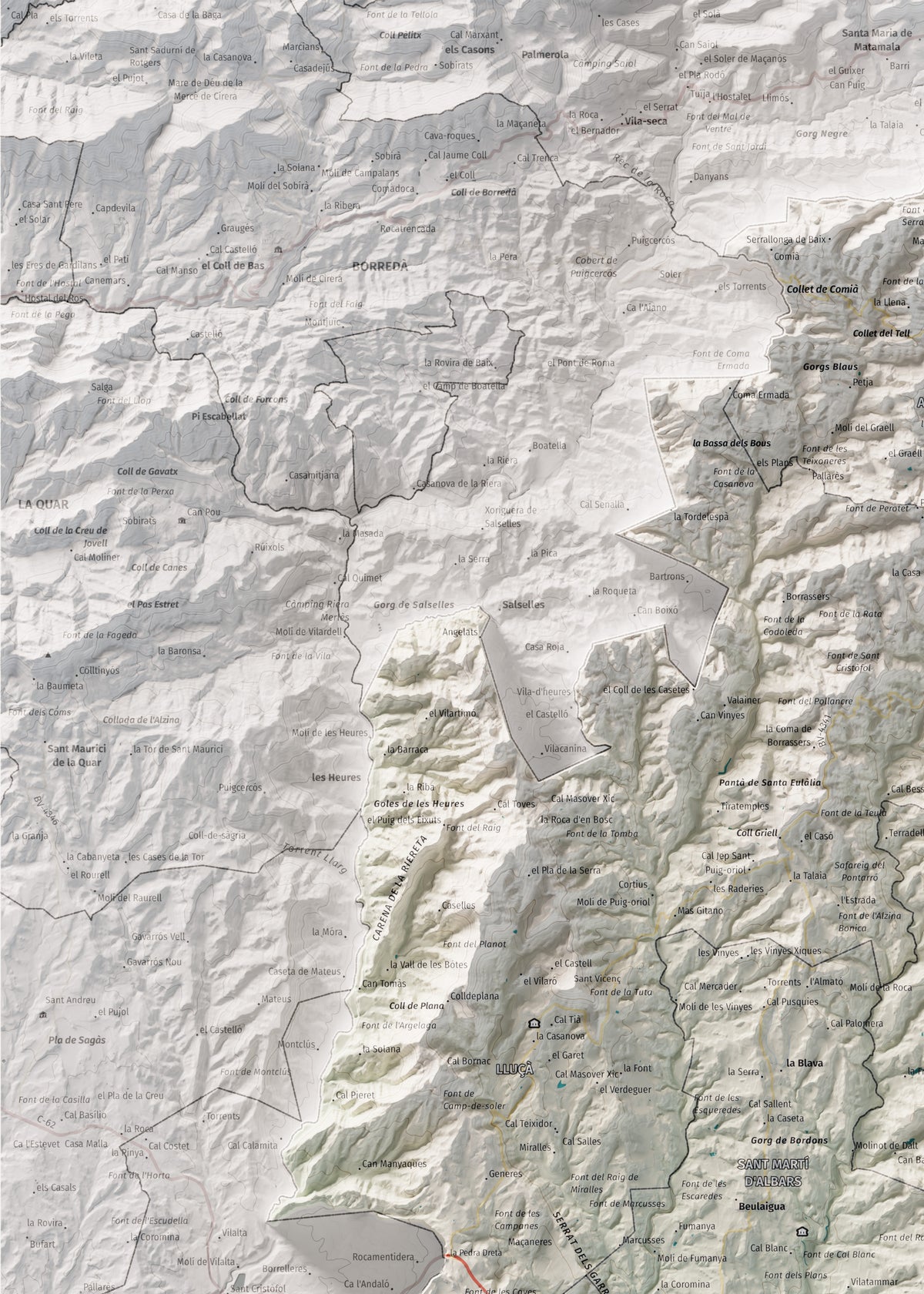 Mapa de relleu del Lluçanès, amb el territori en color i l’entorn en blanc. Detall de la part superior esquerra. 50 × 70 cm. Estil Cartogràfic.