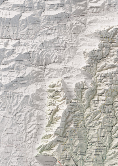 Mapa de relleu del Lluçanès, amb el territori en color i l’entorn en blanc. Detall de la part superior esquerra. 50 × 70 cm. Estil Cartogràfic.