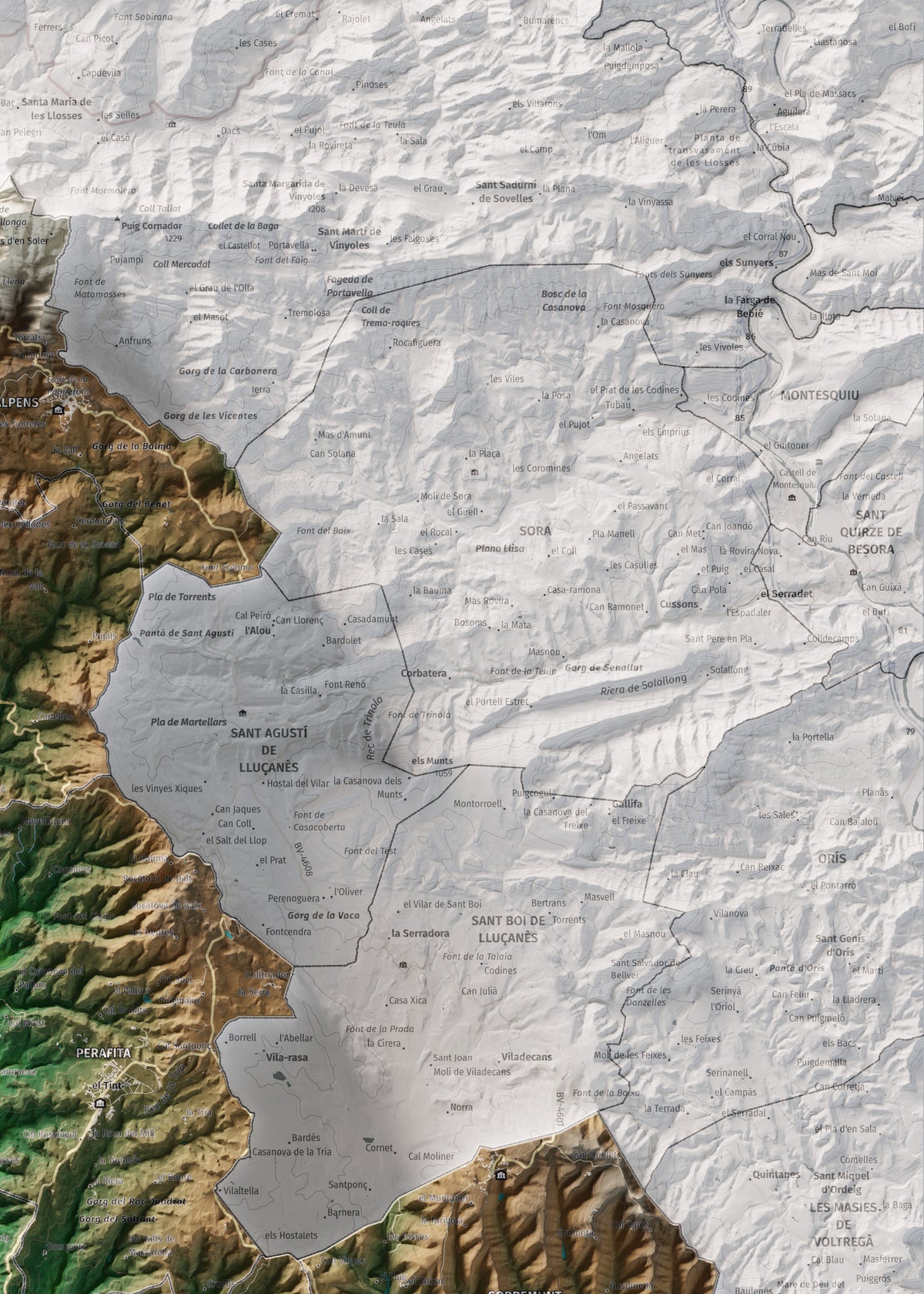 Mapa de relleu del Lluçanès, amb el territori en color i l’entorn en blanc. Detall de la part superior dreta. 50 × 70 cm. Estil Clàssic.