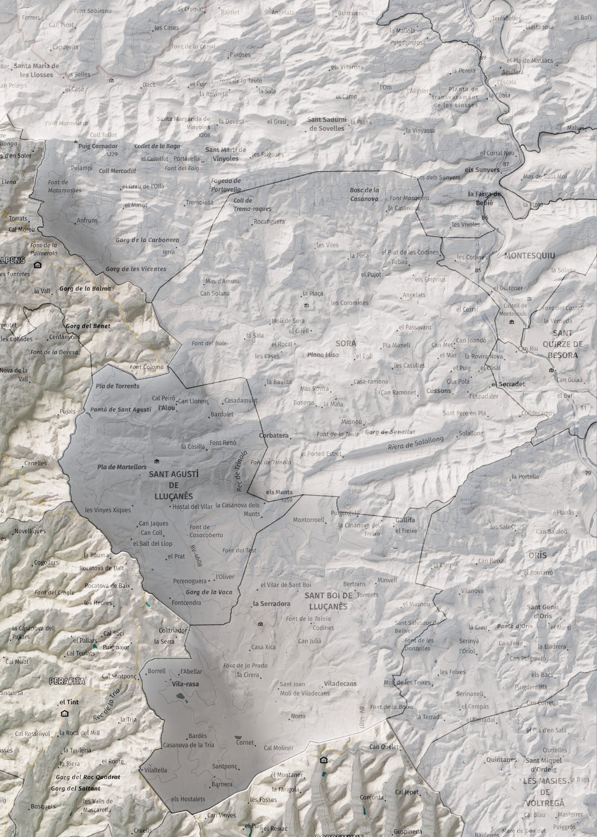 Mapa de relleu del Lluçanès, amb el territori en color i l’entorn en blanc. Detall de la part superior dreta. 50 × 70 cm. Estil Cartogràfic.