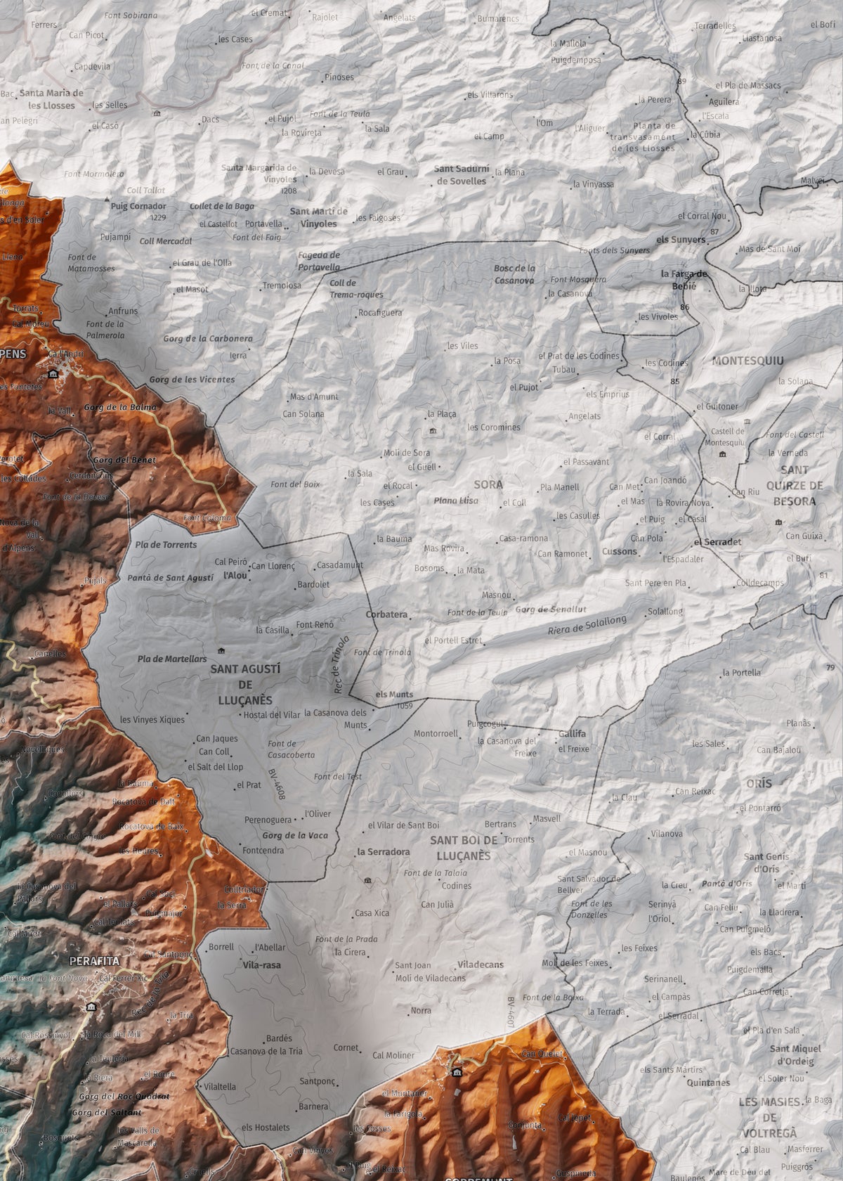 Mapa de relleu del Lluçanès, amb el territori en color i l’entorn en blanc. Detall de la part superior dreta. 50 × 70 cm. Estil Blau i taronja.