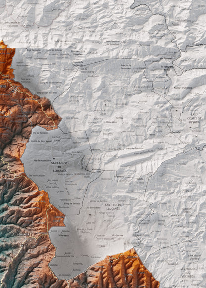 Mapa de relleu del Lluçanès, amb el territori en color i l’entorn en blanc. Detall de la part superior dreta. 50 × 70 cm. Estil Blau i taronja.