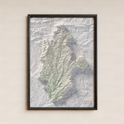 Mapa de relleu del Lluçanès, amb el territori en color i l’entorn en blanc. Presentació amb marc. 50 × 70 cm. Estil Cartogràfic.