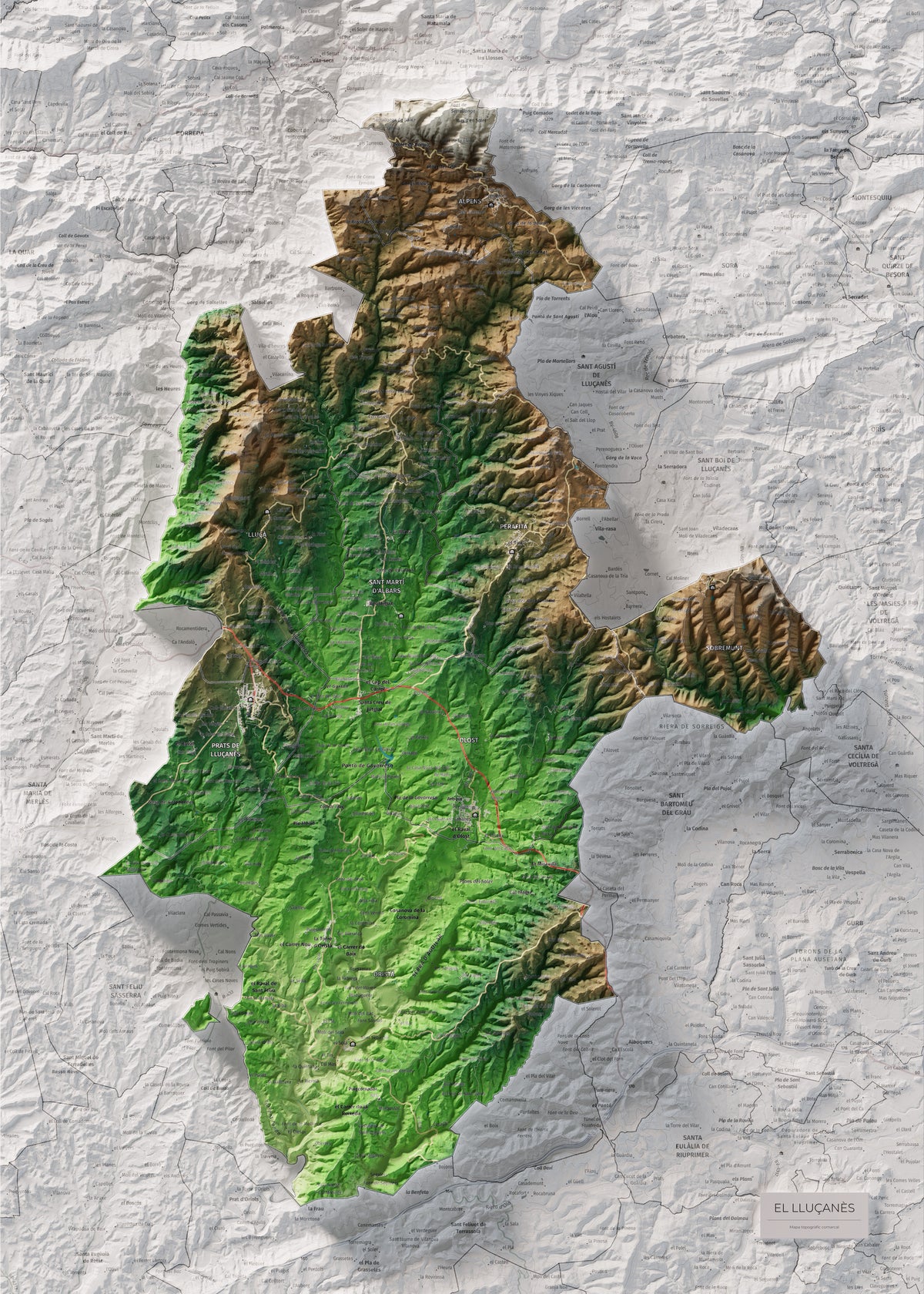 Mapa de relleu del Lluçanès, amb el territori en color i l’entorn en blanc. Vista completa de la làmina. 50 × 70 cm. Estil Clàssic.