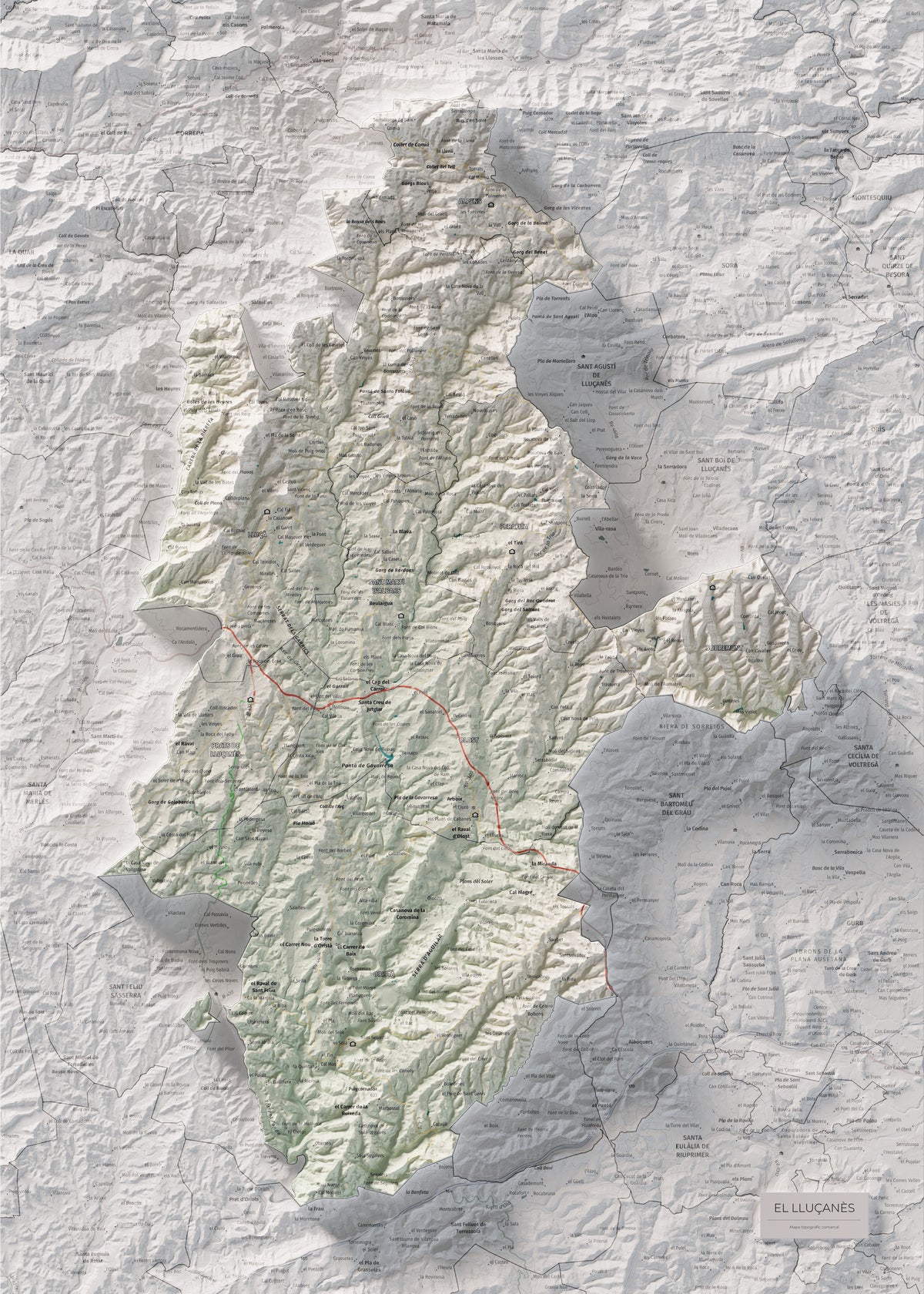 Mapa de relleu del Lluçanès, amb el territori en color i l’entorn en blanc. Vista completa de la làmina. 50 × 70 cm. Estil Cartogràfic.