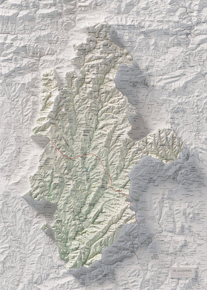 Mapa de relleu del Lluçanès, amb el territori en color i l’entorn en blanc. Vista completa de la làmina. 50 × 70 cm. Estil Cartogràfic.