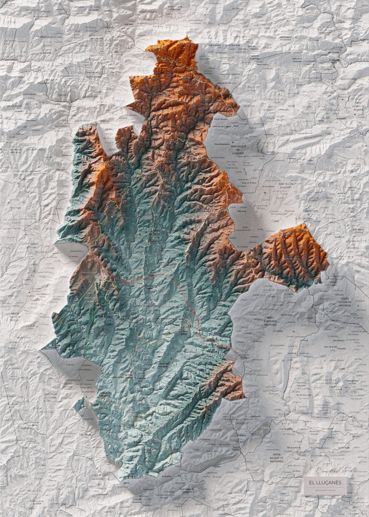 Mapa de relleu del Lluçanès, amb el territori en color i l’entorn en blanc. Vista completa de la làmina. 50 × 70 cm. Estil Blau i taronja.