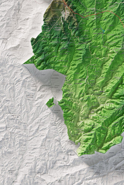 Mapa de relleu del Lluçanès, amb el territori en color i l’entorn en blanc. Detall de la part inferior esquerra. 61 × 91 cm. Estil Clàssic.