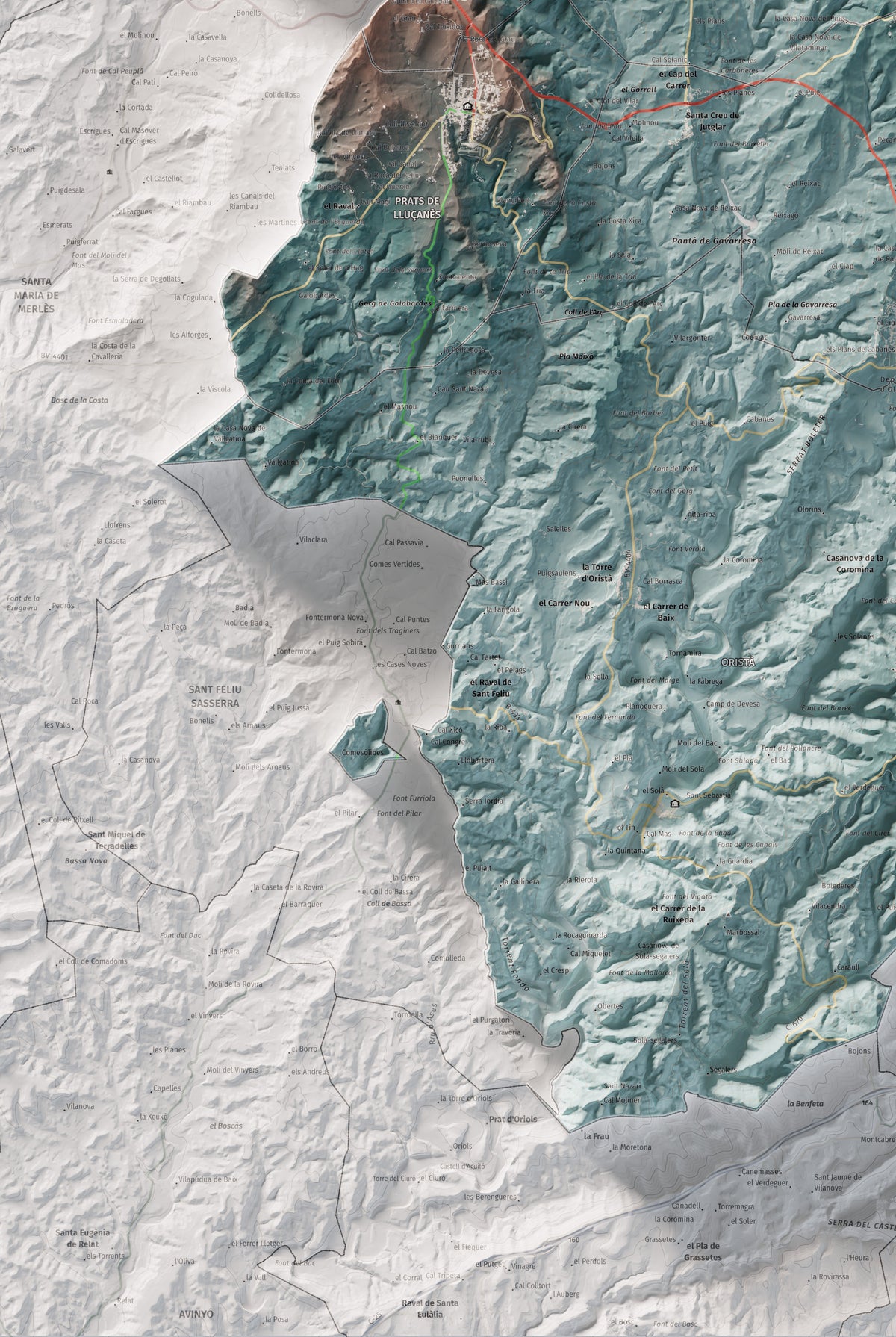 Mapa de relleu del Lluçanès, amb el territori en color i l’entorn en blanc. Detall de la part inferior esquerra. 61 × 91 cm. Estil Blau i taronja.