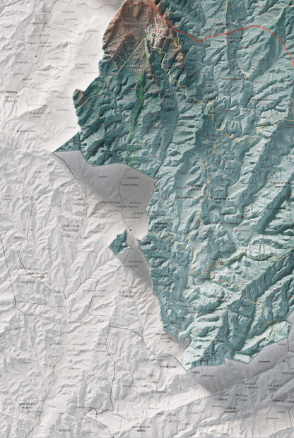 Mapa de relleu del Lluçanès, amb el territori en color i l’entorn en blanc. Detall de la part inferior esquerra. 61 × 91 cm. Estil Blau i taronja.