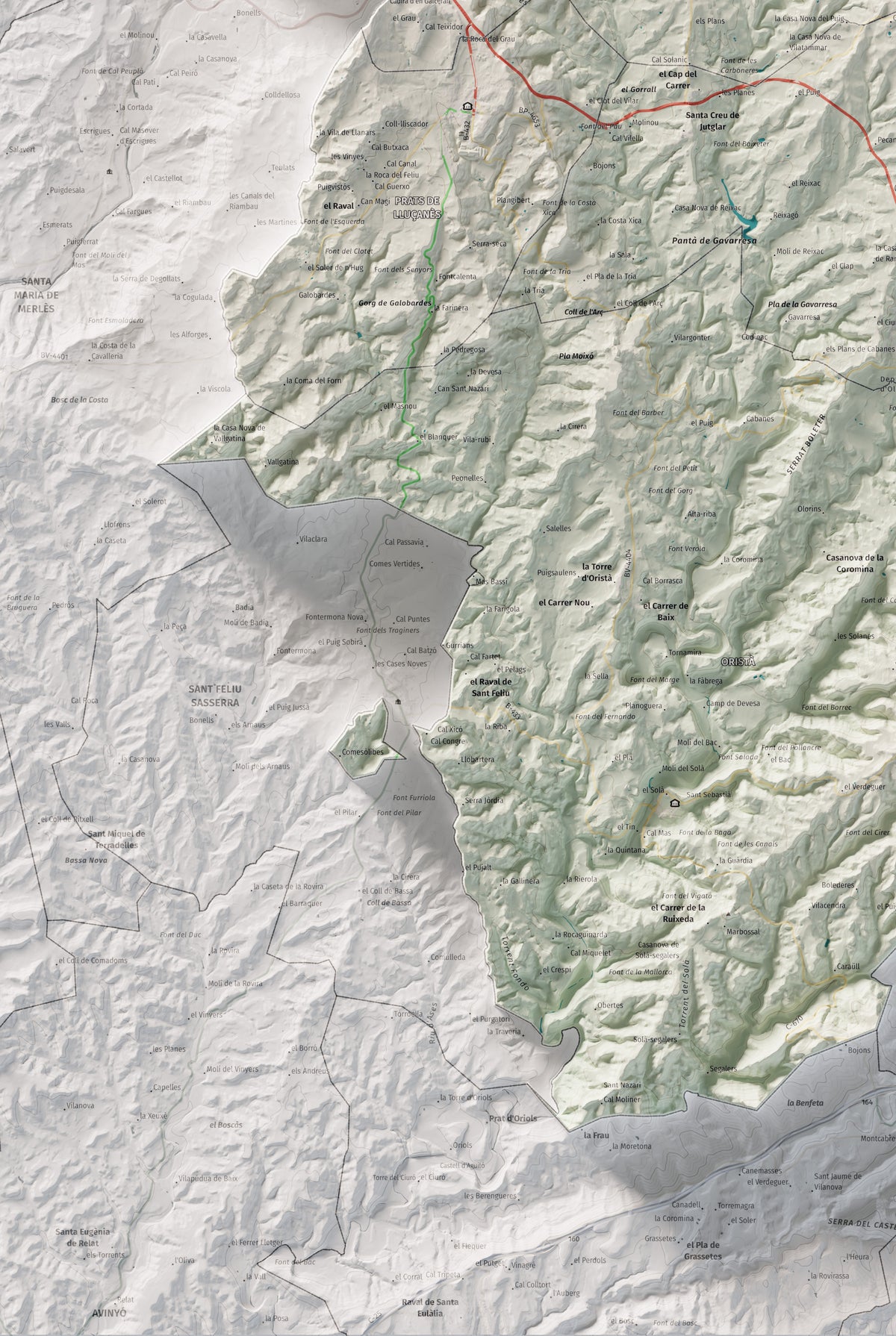 Mapa de relleu del Lluçanès, amb el territori en color i l’entorn en blanc. Detall de la part inferior esquerra. 61 × 91 cm. Estil Cartogràfic.