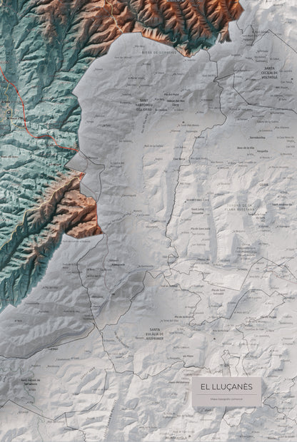 Mapa de relleu del Lluçanès, amb el territori en color i l’entorn en blanc. Detall de la part inferior dreta. 61 × 91 cm. Estil Blau i taronja.