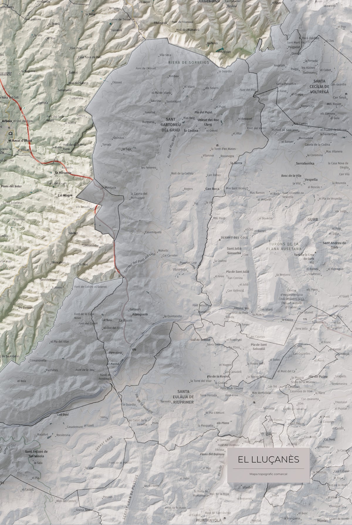Mapa de relleu del Lluçanès, amb el territori en color i l’entorn en blanc. Detall de la part inferior dreta. 61 × 91 cm. Estil Cartogràfic.