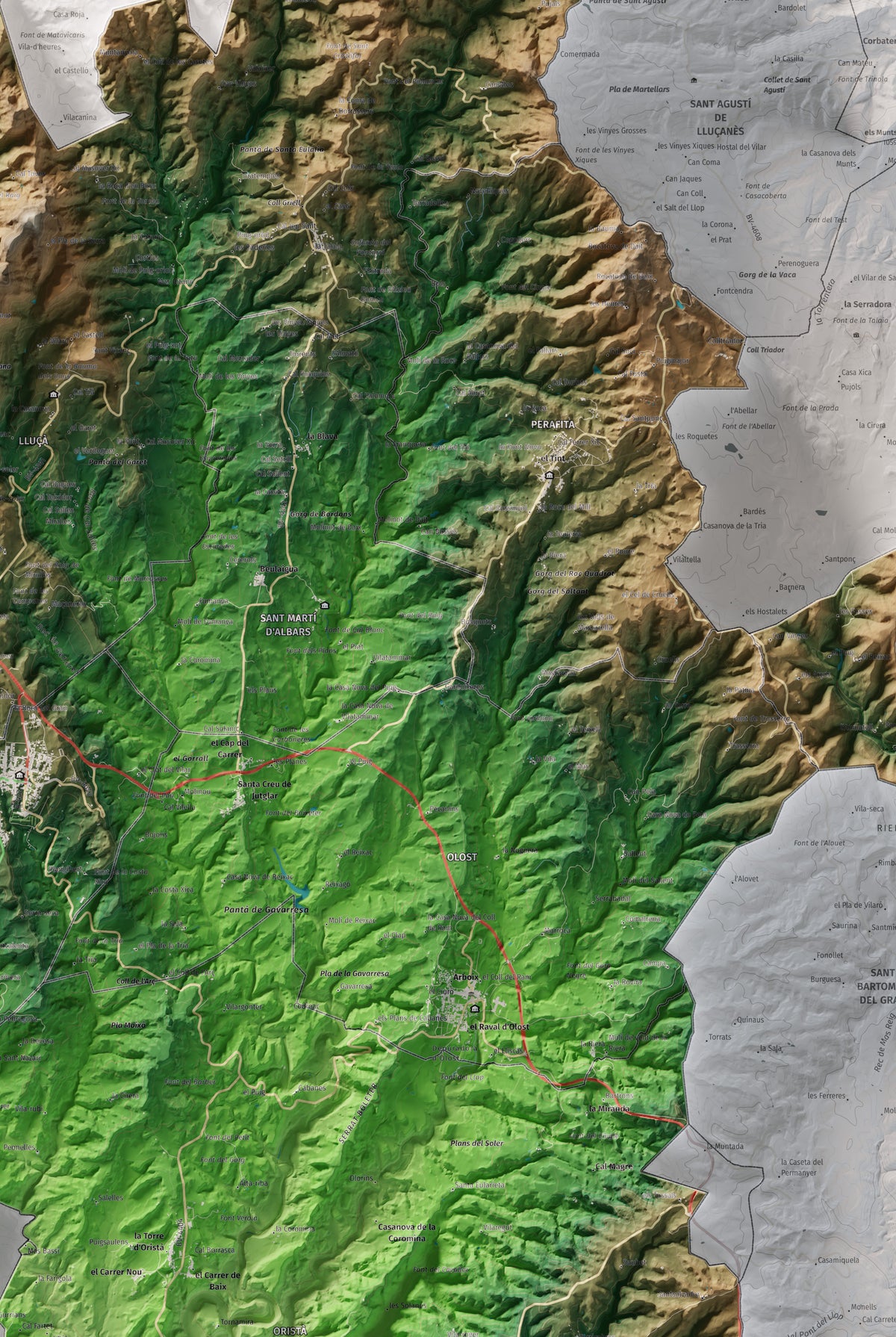 Mapa de relleu del Lluçanès, amb el territori en color i l’entorn en blanc. Detall de la part central. 61 × 91 cm. Estil Clàssic.