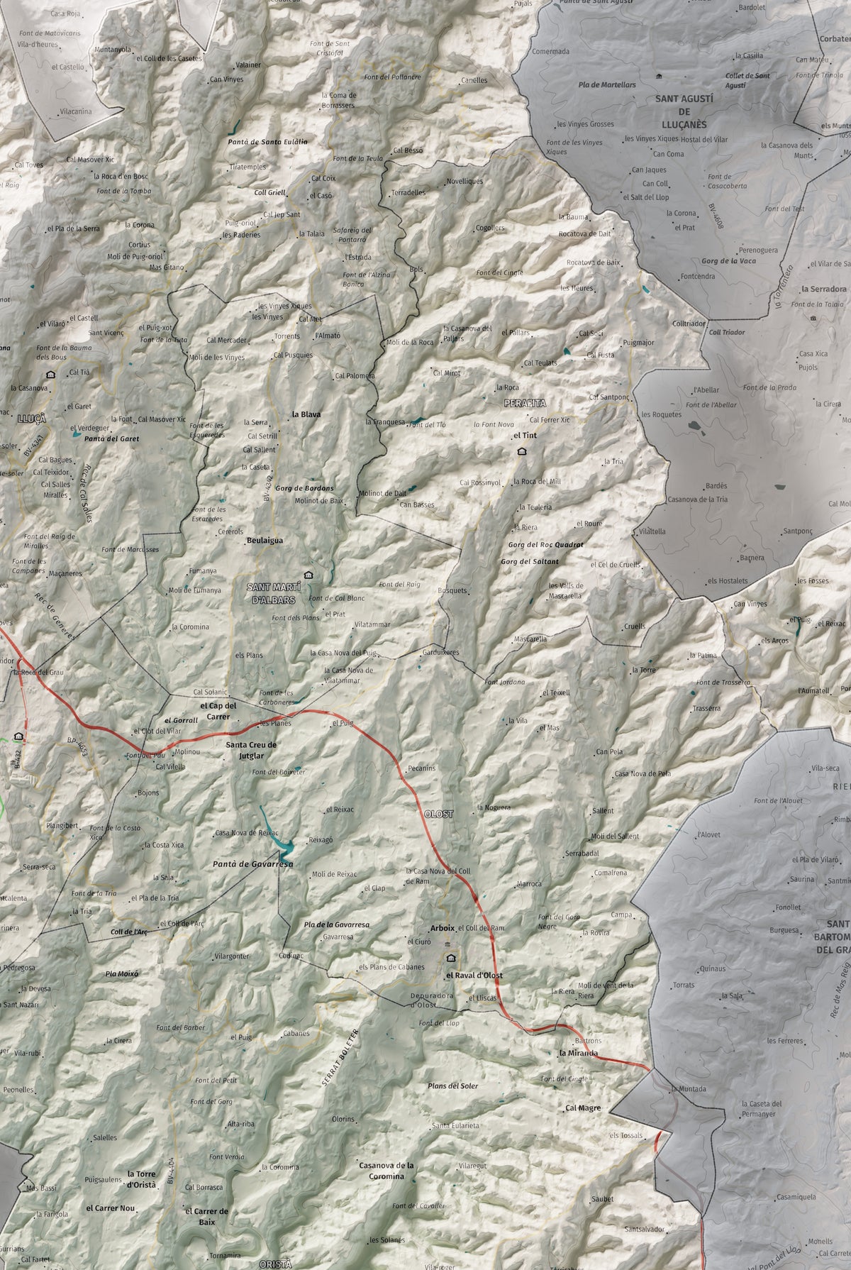 Mapa de relleu del Lluçanès, amb el territori en color i l’entorn en blanc. Detall de la part central. 61 × 91 cm. Estil Cartogràfic.