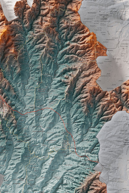 Mapa de relleu del Lluçanès, amb el territori en color i l’entorn en blanc. Detall de la part central. 61 × 91 cm. Estil Blau i taronja.