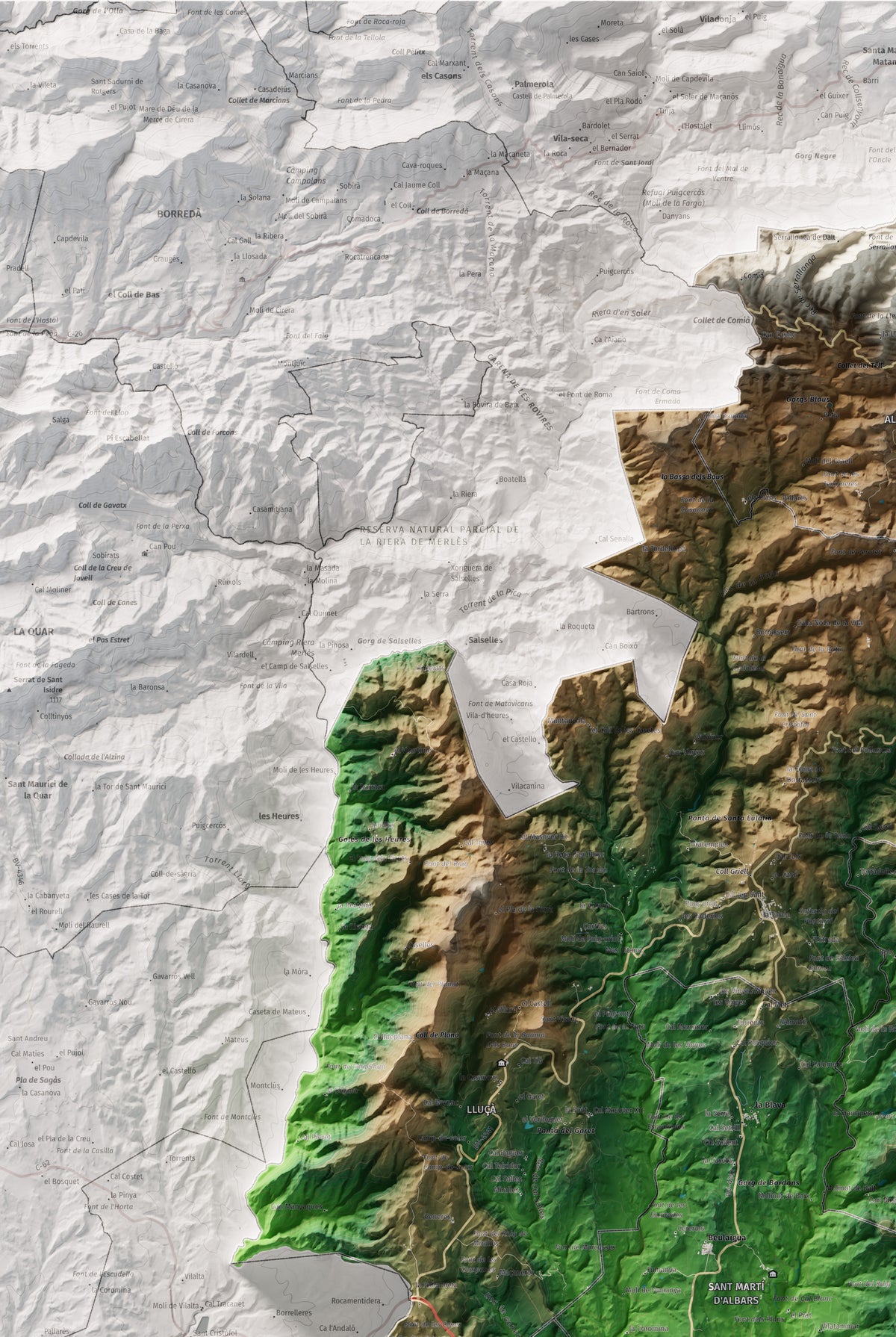 Mapa de relleu del Lluçanès, amb el territori en color i l’entorn en blanc. Detall de la part superior esquerra. 61 × 91 cm. Estil Clàssic.