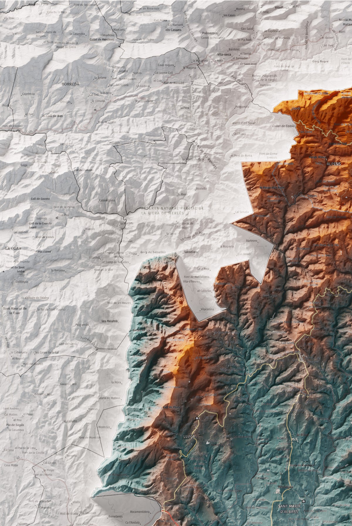 Mapa de relleu del Lluçanès, amb el territori en color i l’entorn en blanc. Detall de la part superior esquerra. 61 × 91 cm. Estil Blau i taronja.