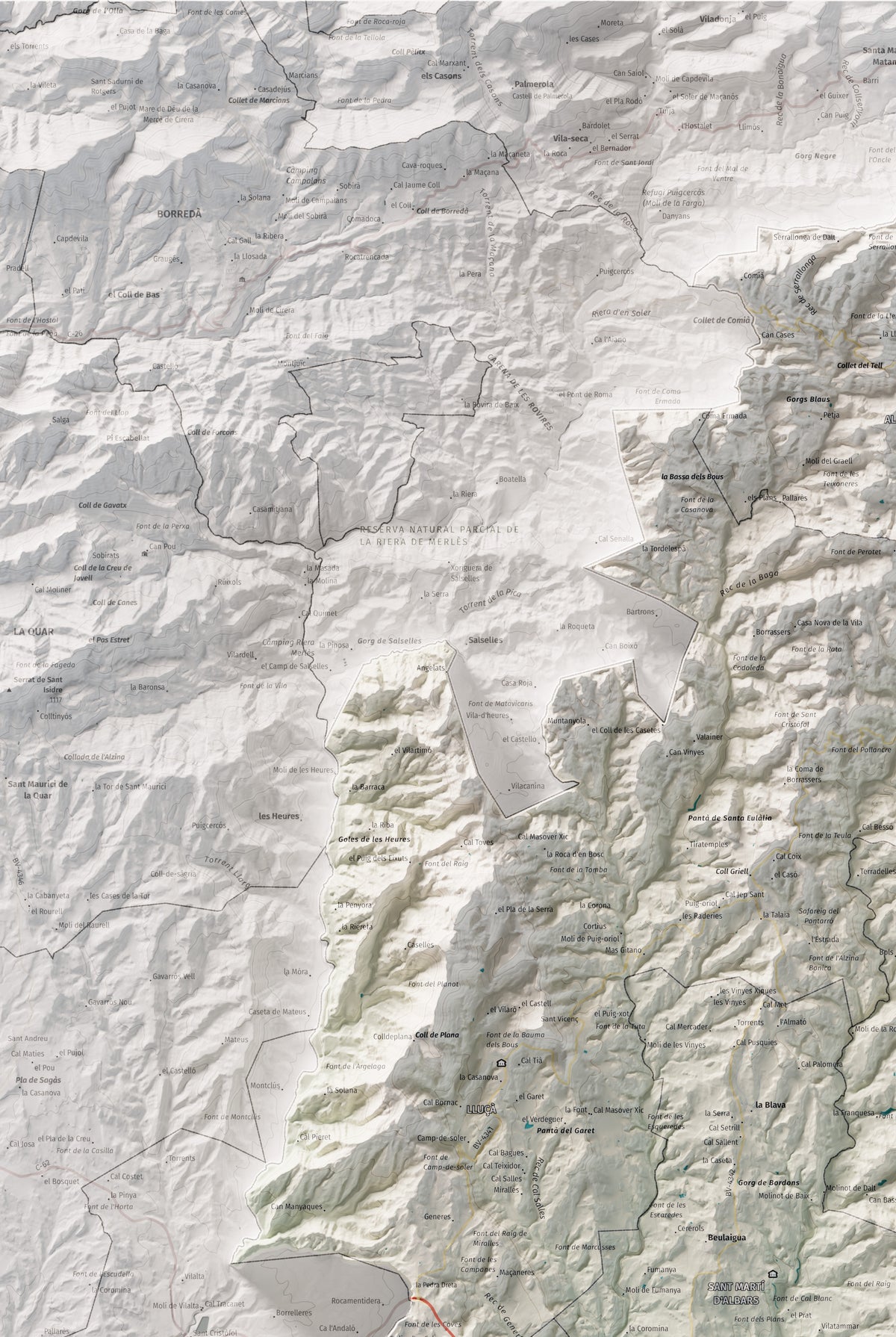 Mapa de relleu del Lluçanès, amb el territori en color i l’entorn en blanc. Detall de la part superior esquerra. 61 × 91 cm. Estil Cartogràfic.