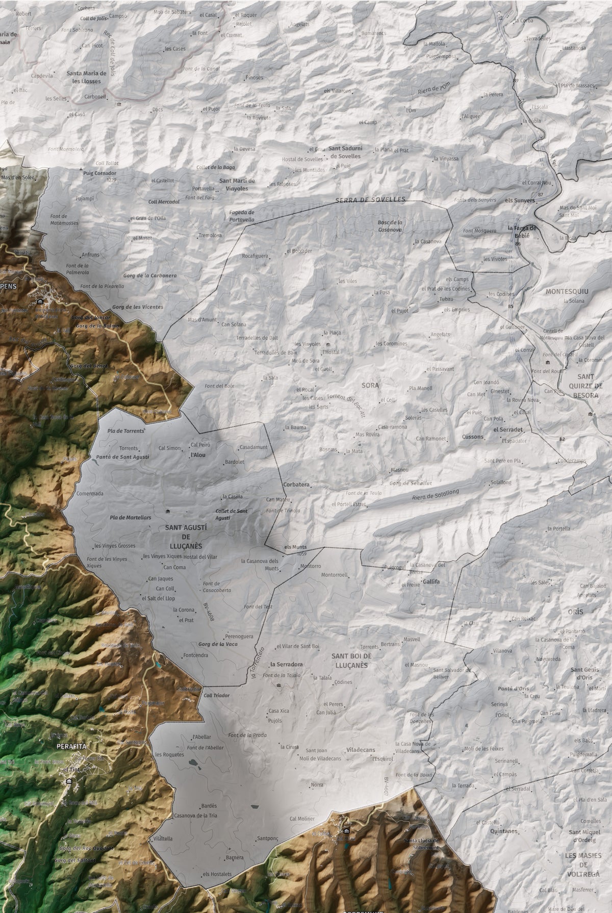 Mapa de relleu del Lluçanès, amb el territori en color i l’entorn en blanc. Detall de la part superior dreta. 61 × 91 cm. Estil Clàssic.