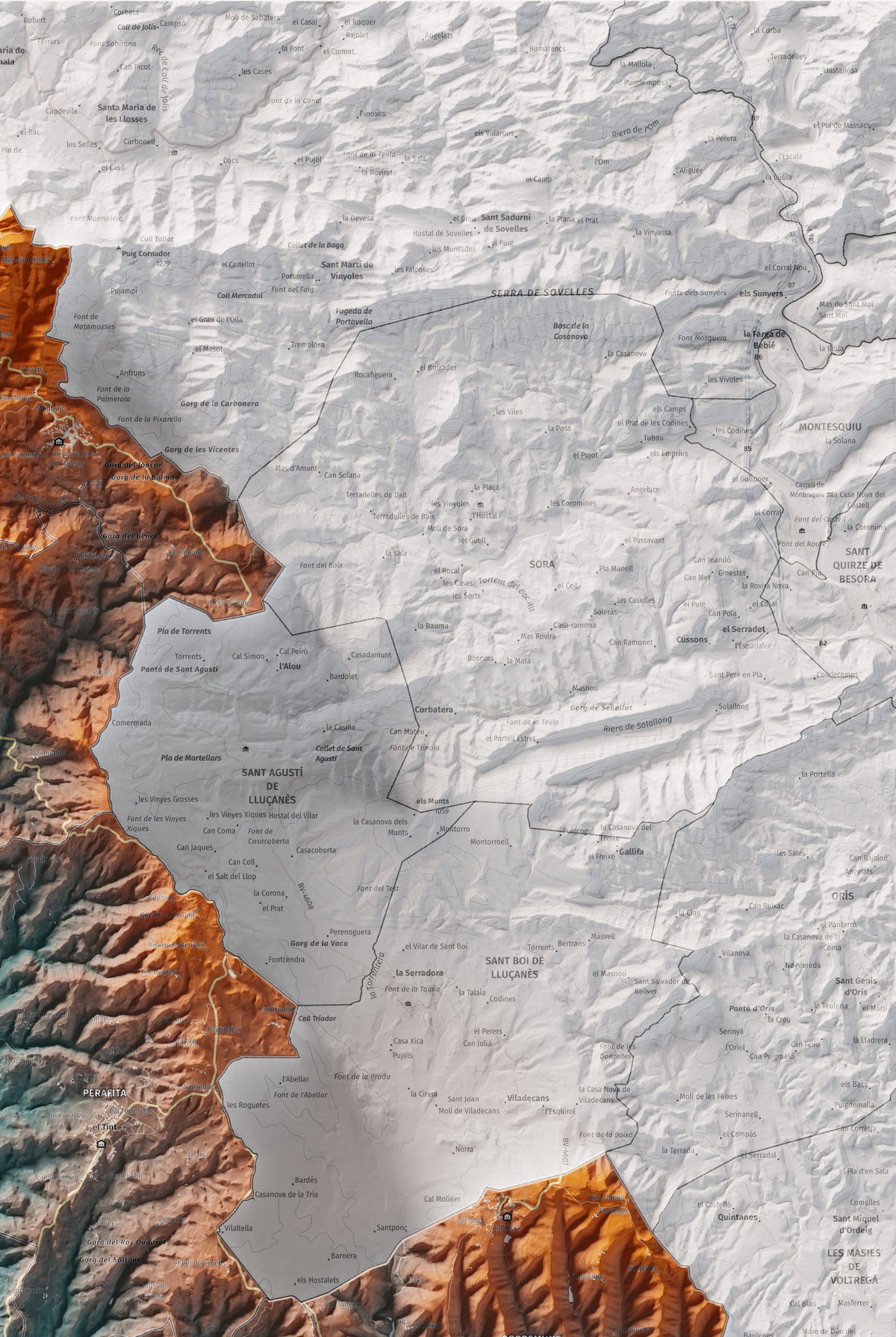 Mapa de relleu del Lluçanès, amb el territori en color i l’entorn en blanc. Detall de la part superior dreta. 61 × 91 cm. Estil Blau i taronja.