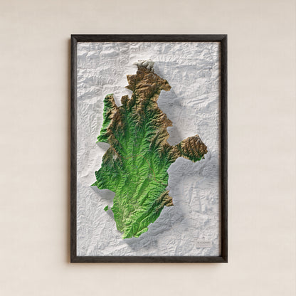 Mapa de relleu del Lluçanès, amb el territori en color i l’entorn en blanc. Presentació amb marc. 61 × 91 cm. Estil Clàssic.