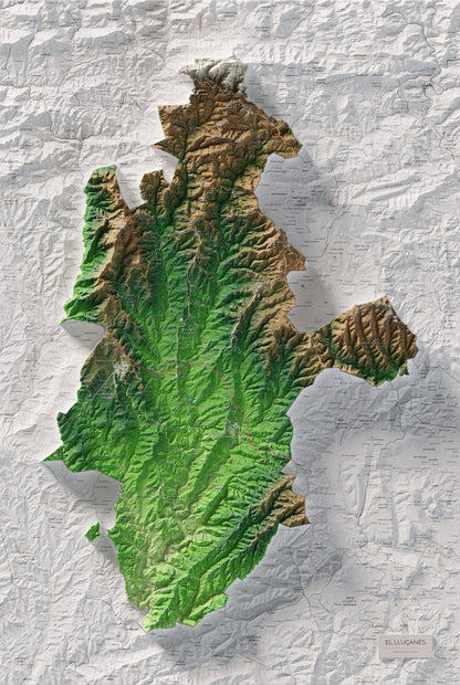 Mapa de relleu del Lluçanès, amb el territori en color i l’entorn en blanc. Vista completa de la làmina. 61 × 91 cm. Estil Clàssic.