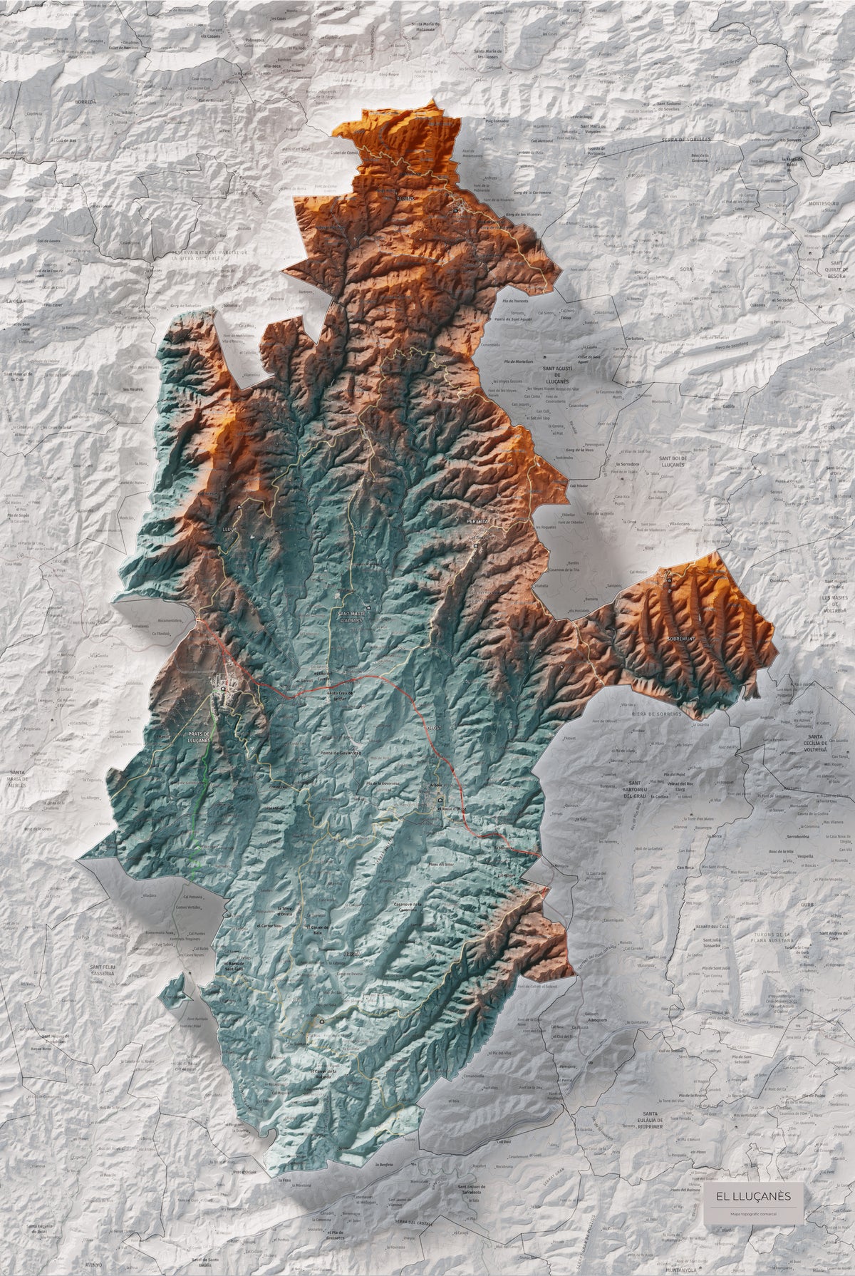 Mapa de relleu del Lluçanès, amb el territori en color i l’entorn en blanc. Vista completa de la làmina. 61 × 91 cm. Estil Blau i taronja.