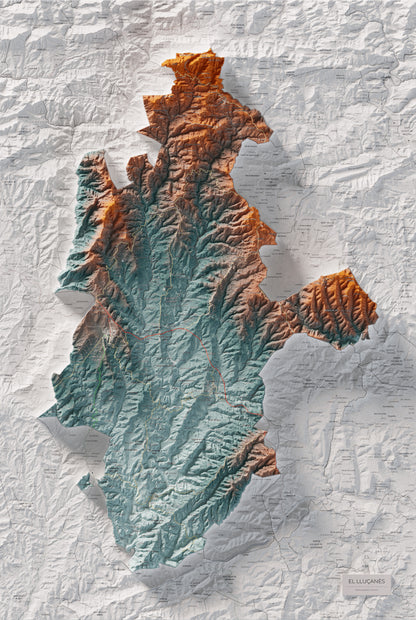 Mapa de relleu del Lluçanès, amb el territori en color i l’entorn en blanc. Vista completa de la làmina. 61 × 91 cm. Estil Blau i taronja.