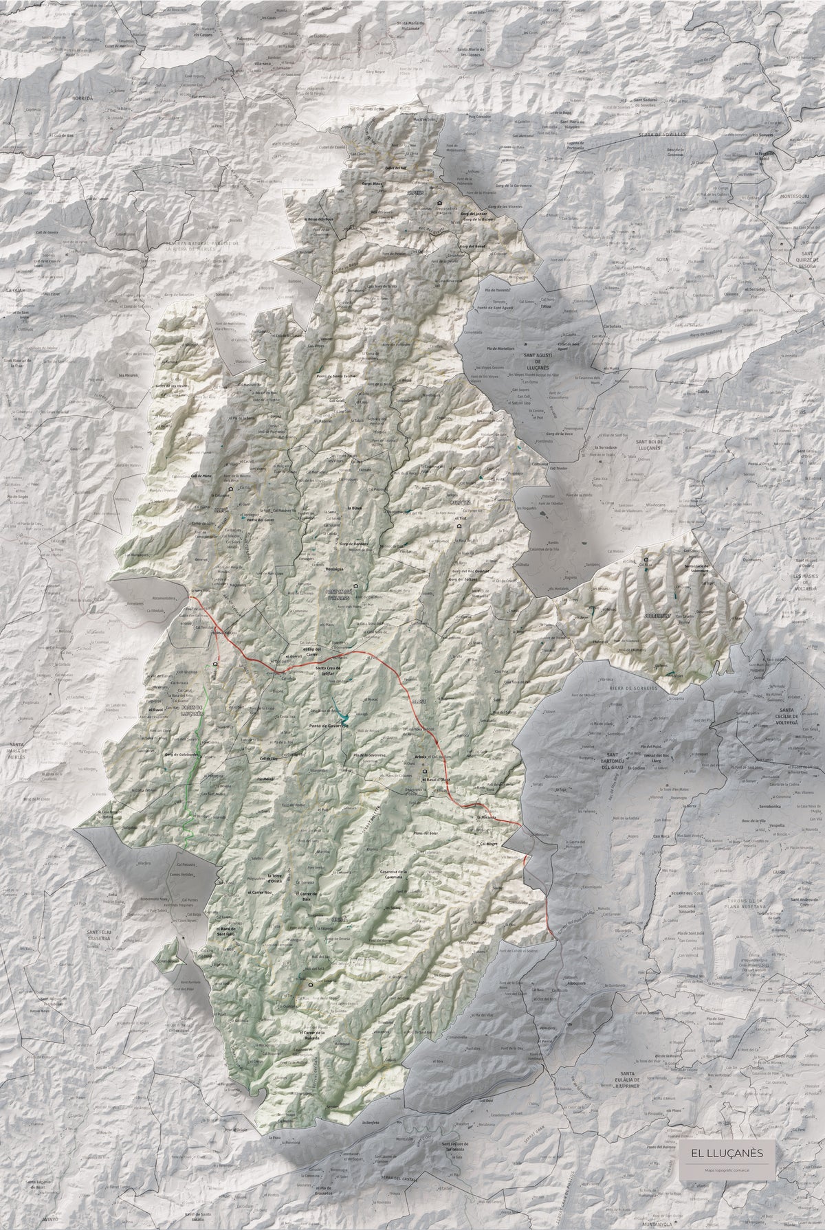 Mapa de relleu del Lluçanès, amb el territori en color i l’entorn en blanc. Vista completa de la làmina. 61 × 91 cm. Estil Cartogràfic.