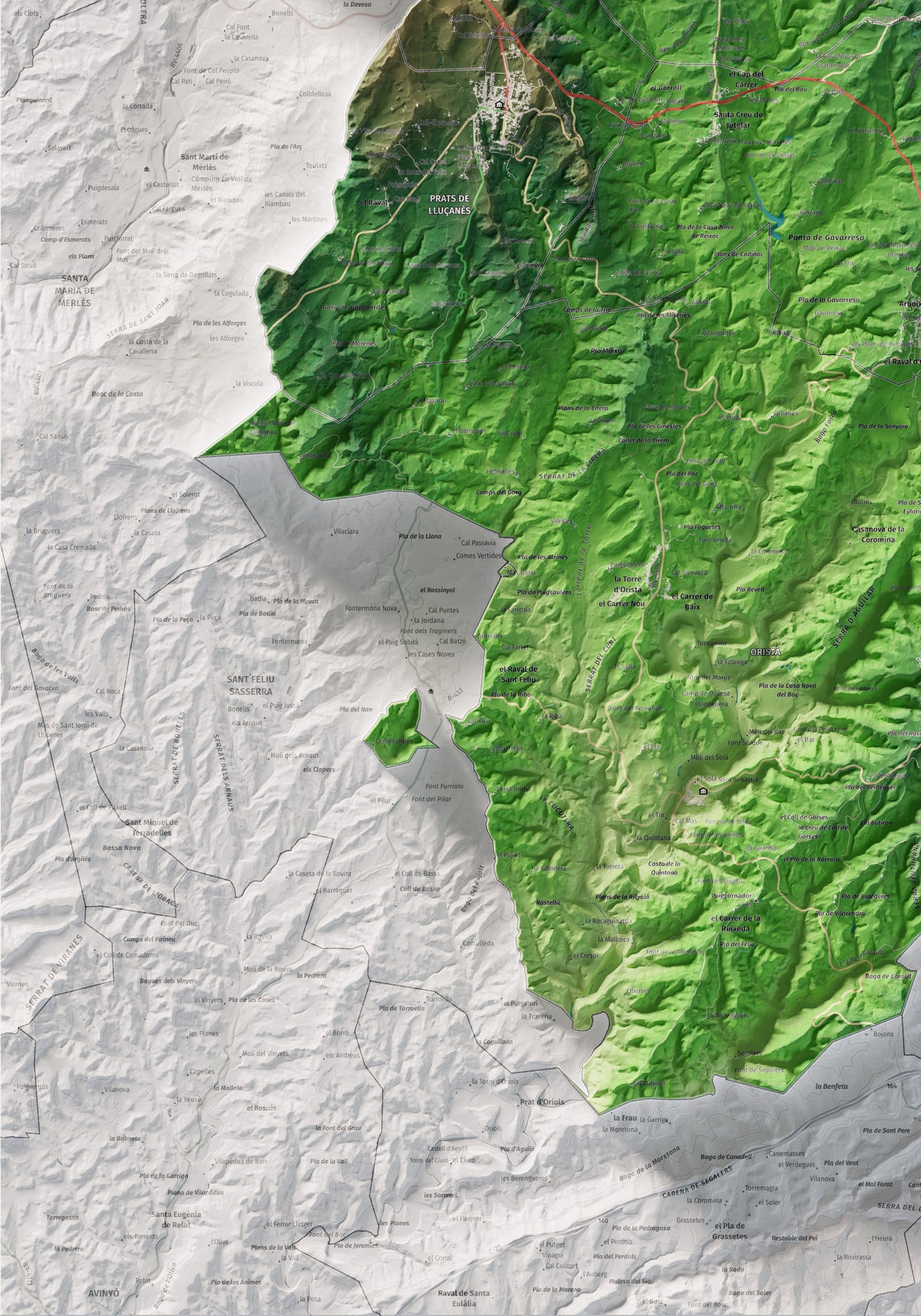 Mapa de relleu del Lluçanès, amb el territori en color i l’entorn en blanc. Detall de la part inferior esquerra. 70 × 100 cm. Estil Clàssic.