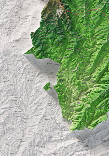 Mapa de relleu del Lluçanès, amb el territori en color i l’entorn en blanc. Detall de la part inferior esquerra. 70 × 100 cm. Estil Clàssic.
