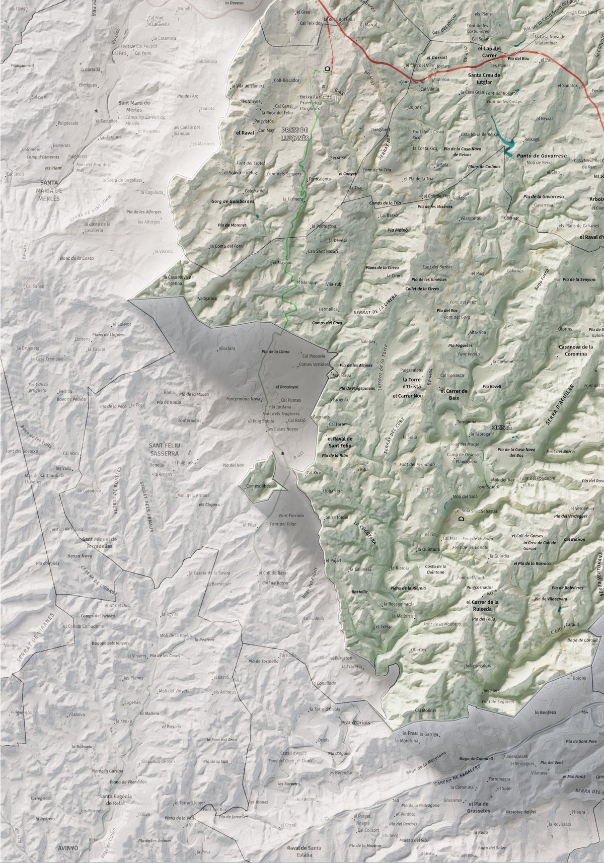 Mapa de relleu del Lluçanès, amb el territori en color i l’entorn en blanc. Detall de la part inferior esquerra. 70 × 100 cm. Estil Cartogràfic.