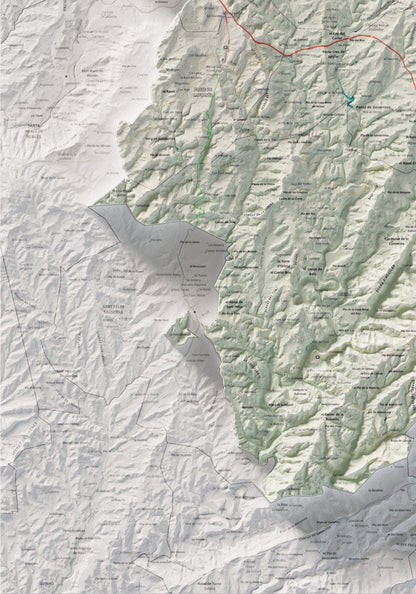 Mapa de relleu del Lluçanès, amb el territori en color i l’entorn en blanc. Detall de la part inferior esquerra. 70 × 100 cm. Estil Cartogràfic.