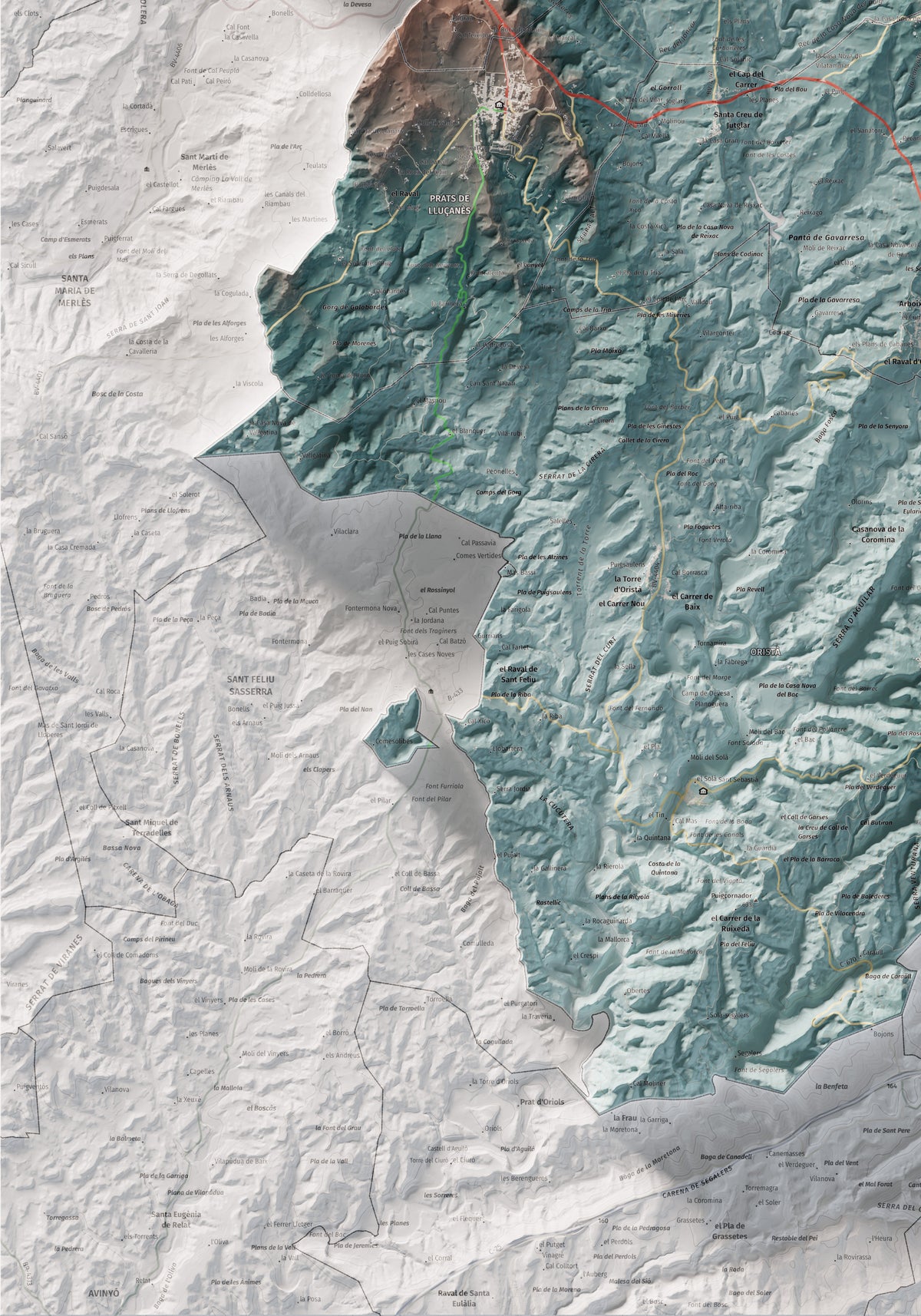 Mapa de relleu del Lluçanès, amb el territori en color i l’entorn en blanc. Detall de la part inferior esquerra. 70 × 100 cm. Estil Blau i taronja.