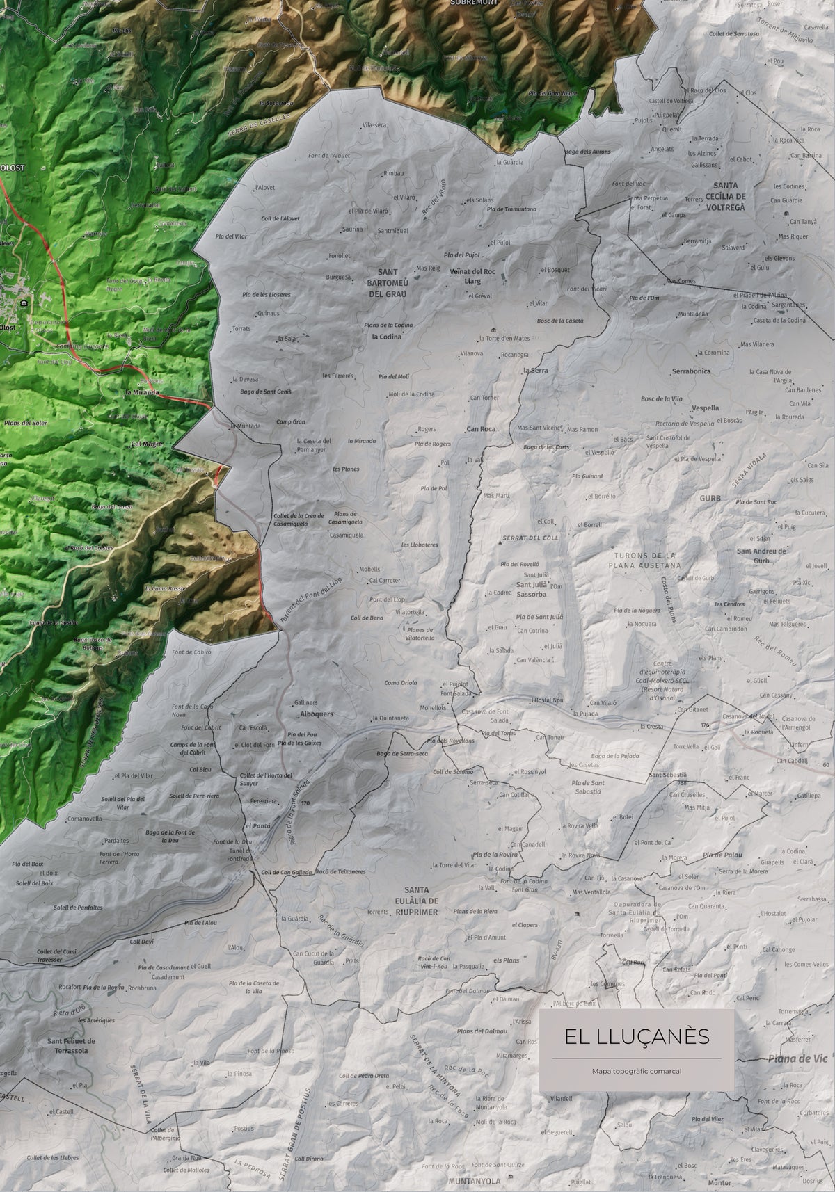 Mapa de relleu del Lluçanès, amb el territori en color i l’entorn en blanc. Detall de la part inferior dreta. 70 × 100 cm. Estil Clàssic.
