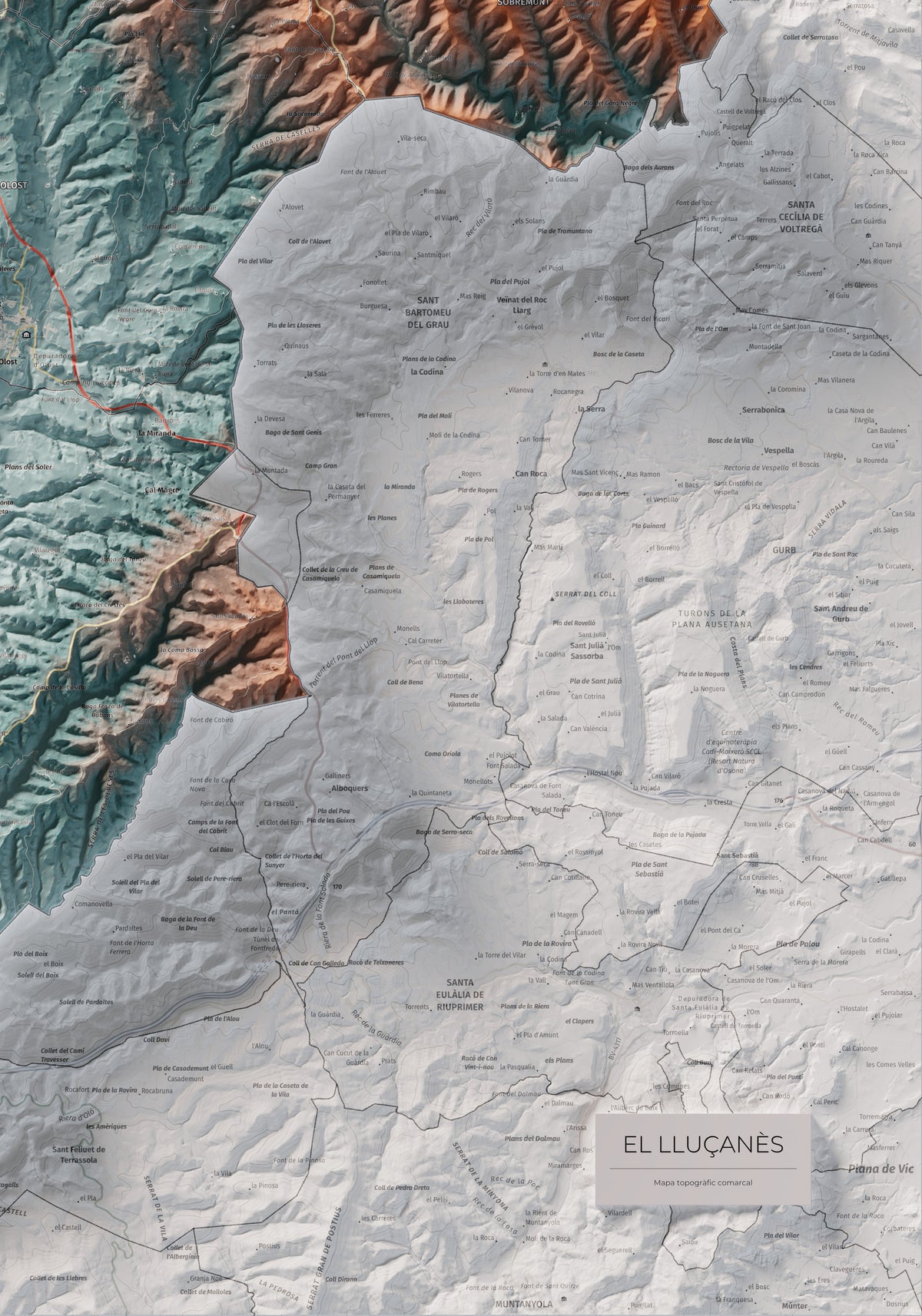 Mapa de relleu del Lluçanès, amb el territori en color i l’entorn en blanc. Detall de la part inferior dreta. 70 × 100 cm. Estil Blau i taronja.