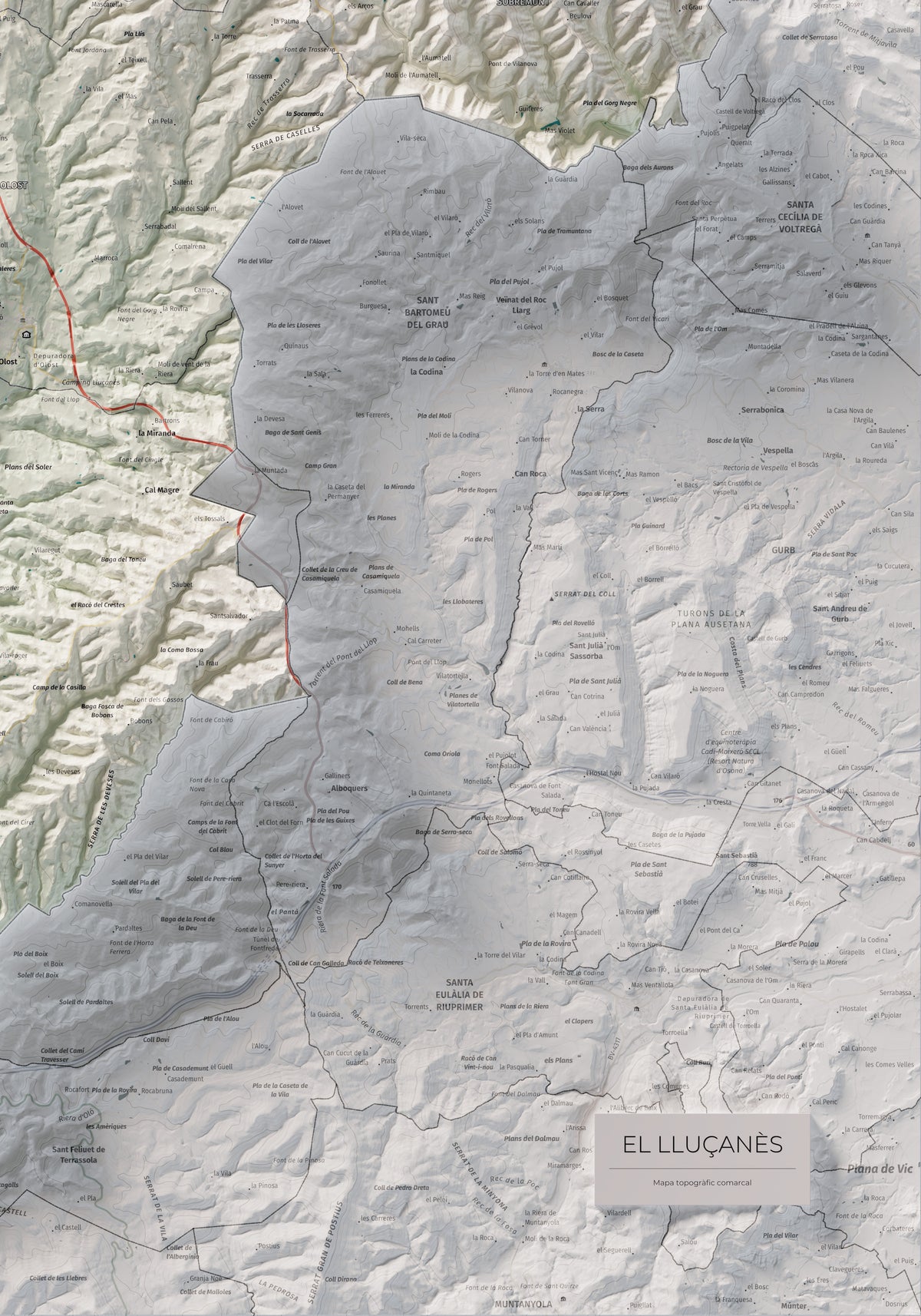 Mapa de relleu del Lluçanès, amb el territori en color i l’entorn en blanc. Detall de la part inferior dreta. 70 × 100 cm. Estil Cartogràfic.