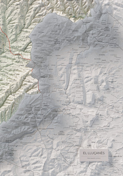 Mapa de relleu del Lluçanès, amb el territori en color i l’entorn en blanc. Detall de la part inferior dreta. 70 × 100 cm. Estil Cartogràfic.