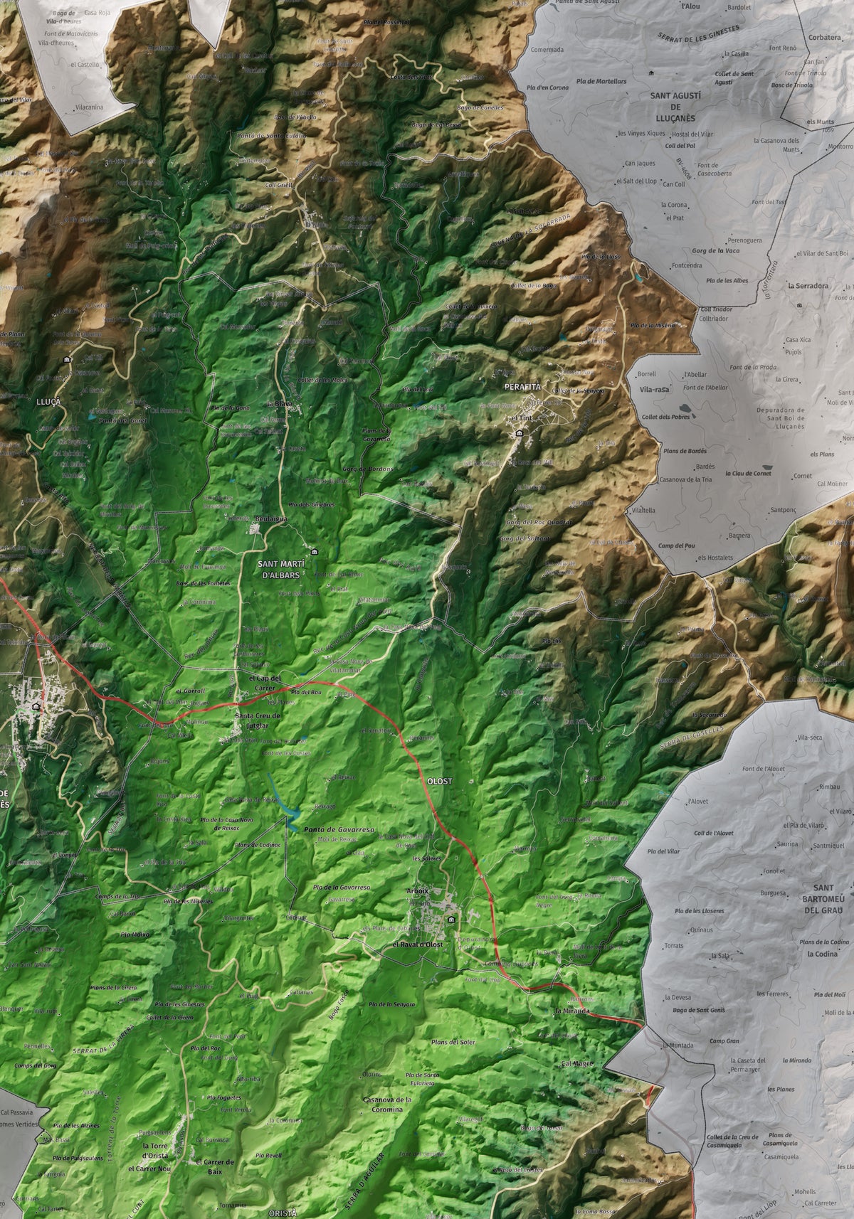 Mapa de relleu del Lluçanès, amb el territori en color i l’entorn en blanc. Detall de la part central. 70 × 100 cm. Estil Clàssic.