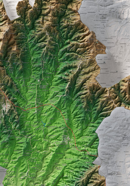 Mapa de relleu del Lluçanès, amb el territori en color i l’entorn en blanc. Detall de la part central. 70 × 100 cm. Estil Clàssic.