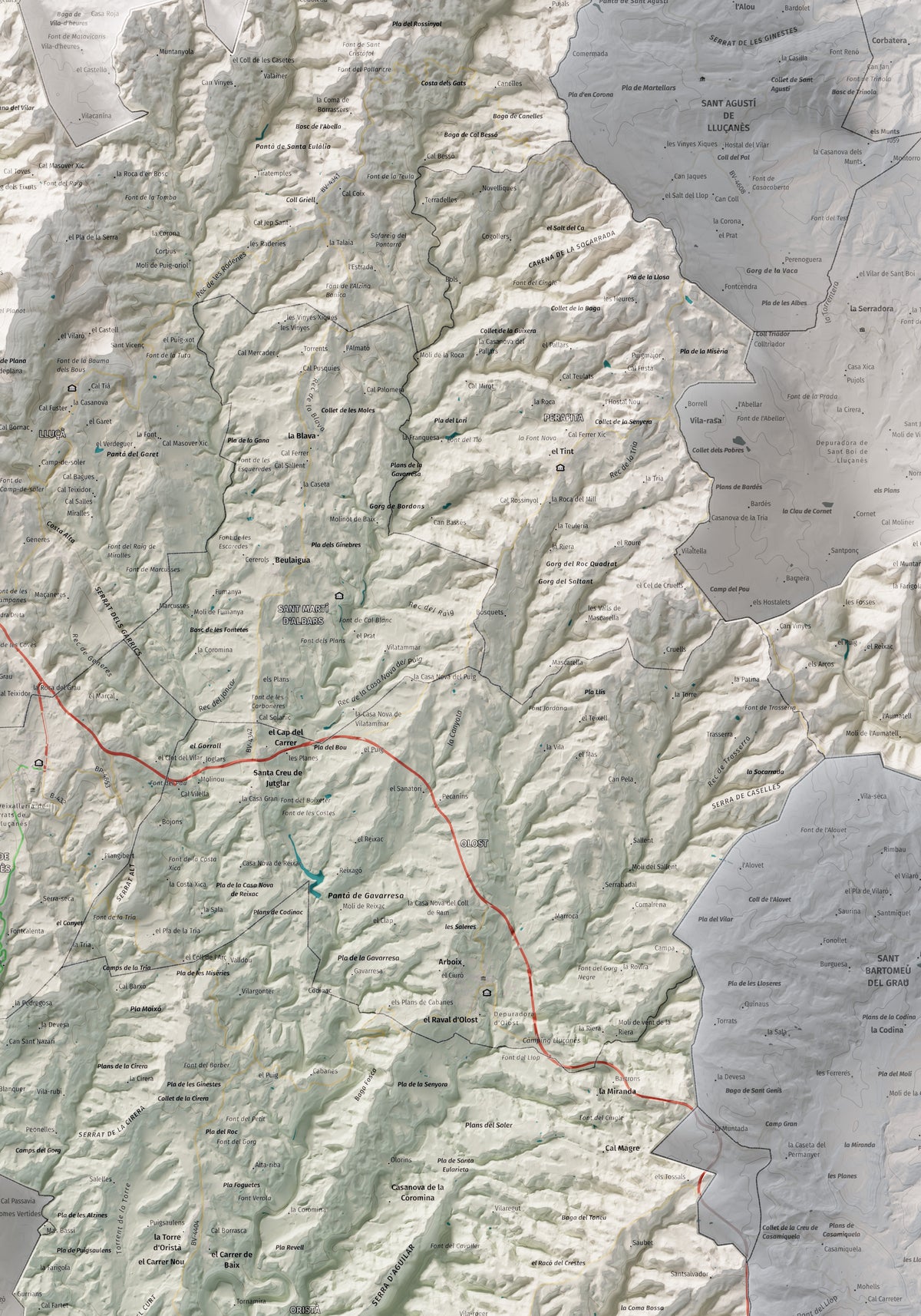 Mapa de relleu del Lluçanès, amb el territori en color i l’entorn en blanc. Detall de la part central. 70 × 100 cm. Estil Cartogràfic.