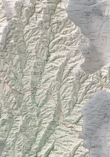 Mapa de relleu del Lluçanès, amb el territori en color i l’entorn en blanc. Detall de la part central. 70 × 100 cm. Estil Cartogràfic.