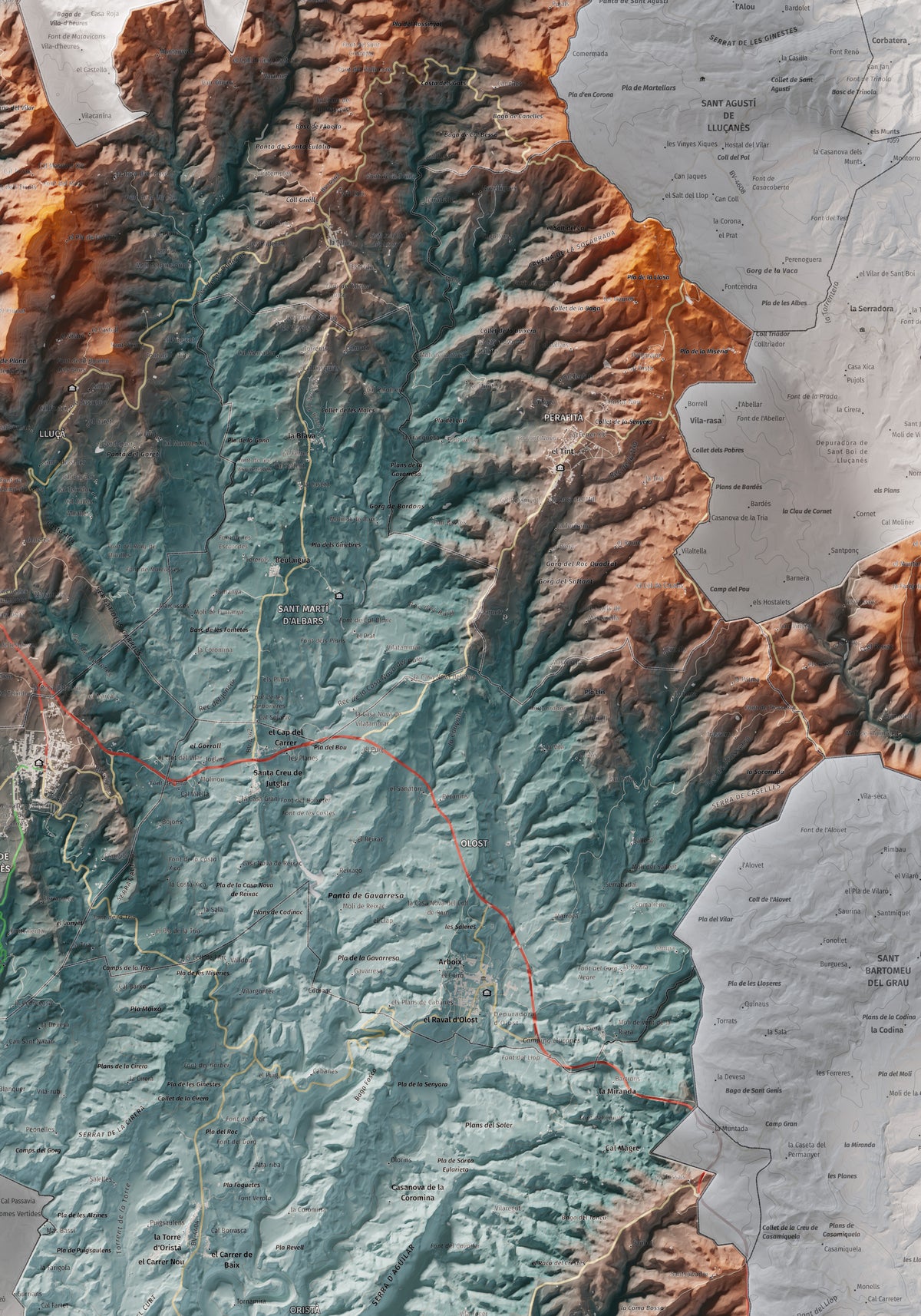Mapa de relleu del Lluçanès, amb el territori en color i l’entorn en blanc. Detall de la part central. 70 × 100 cm. Estil Blau i taronja.