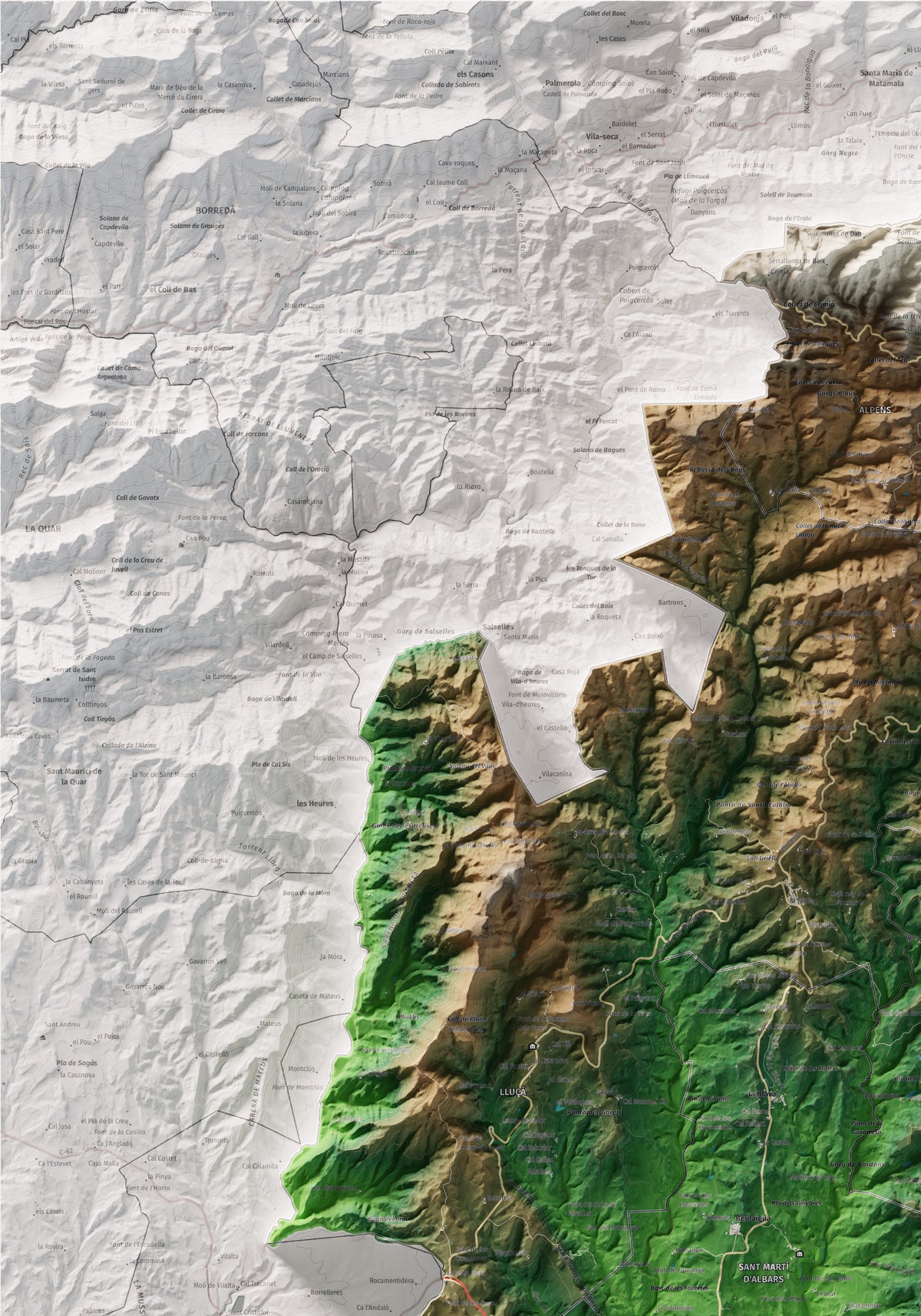 Mapa de relleu del Lluçanès, amb el territori en color i l’entorn en blanc. Detall de la part superior esquerra. 70 × 100 cm. Estil Clàssic.
